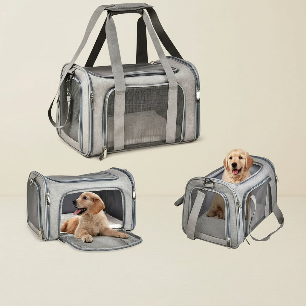 Deluxe Dog and Cat Carrier Bag with Cozy Wool Mat, Multiple Entrances