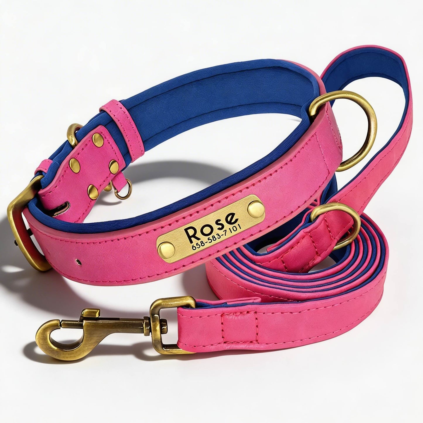Soft Padded Personalised Leather Dog Collar with Lead Set for Small to Large Dogs
