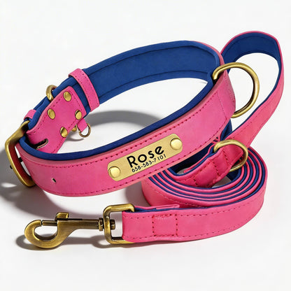 Soft Padded Personalised Leather Dog Collar with Lead Set for Small to Large Dogs