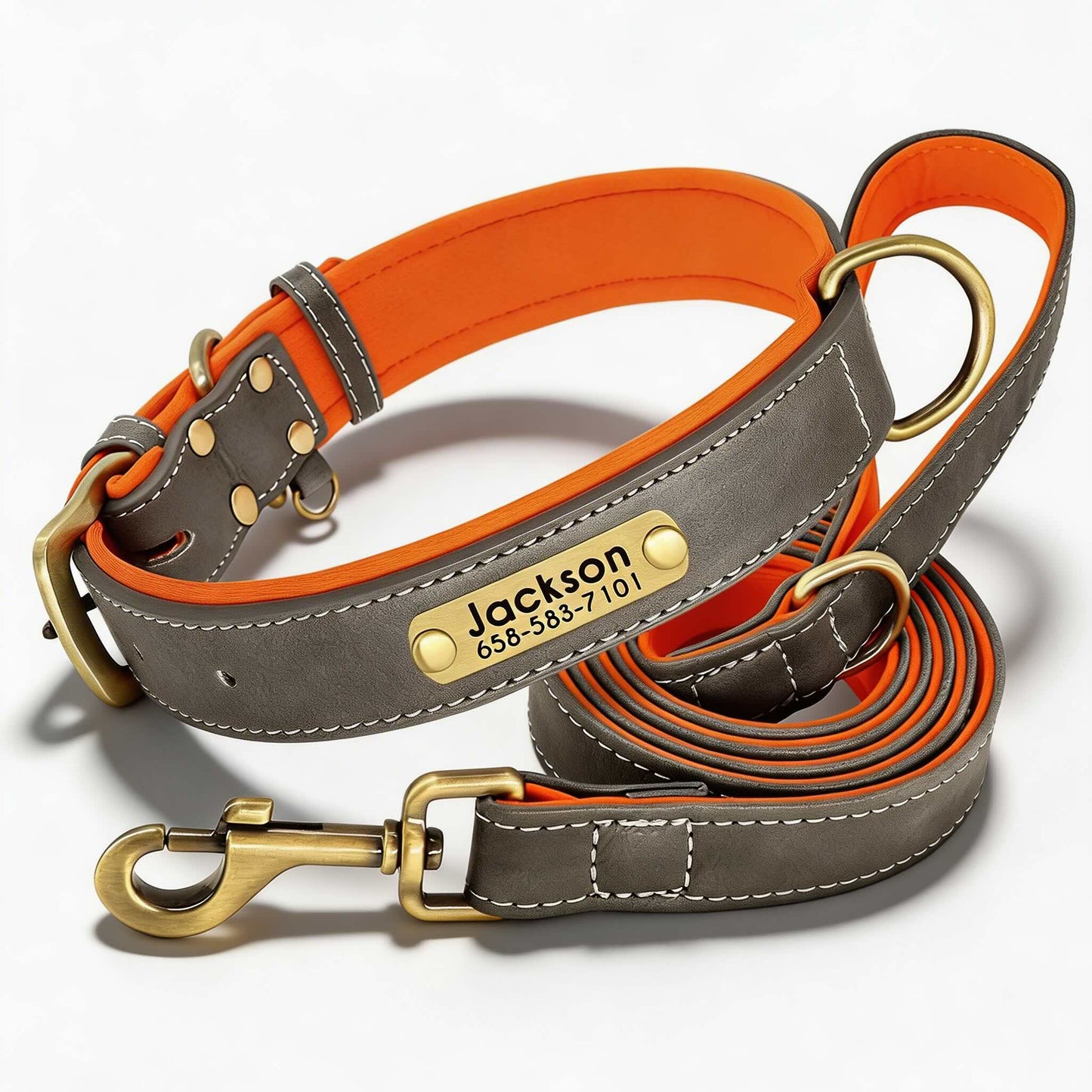 Soft Padded Personalised Leather Dog Collar with Lead Set for Small to Large Dogs