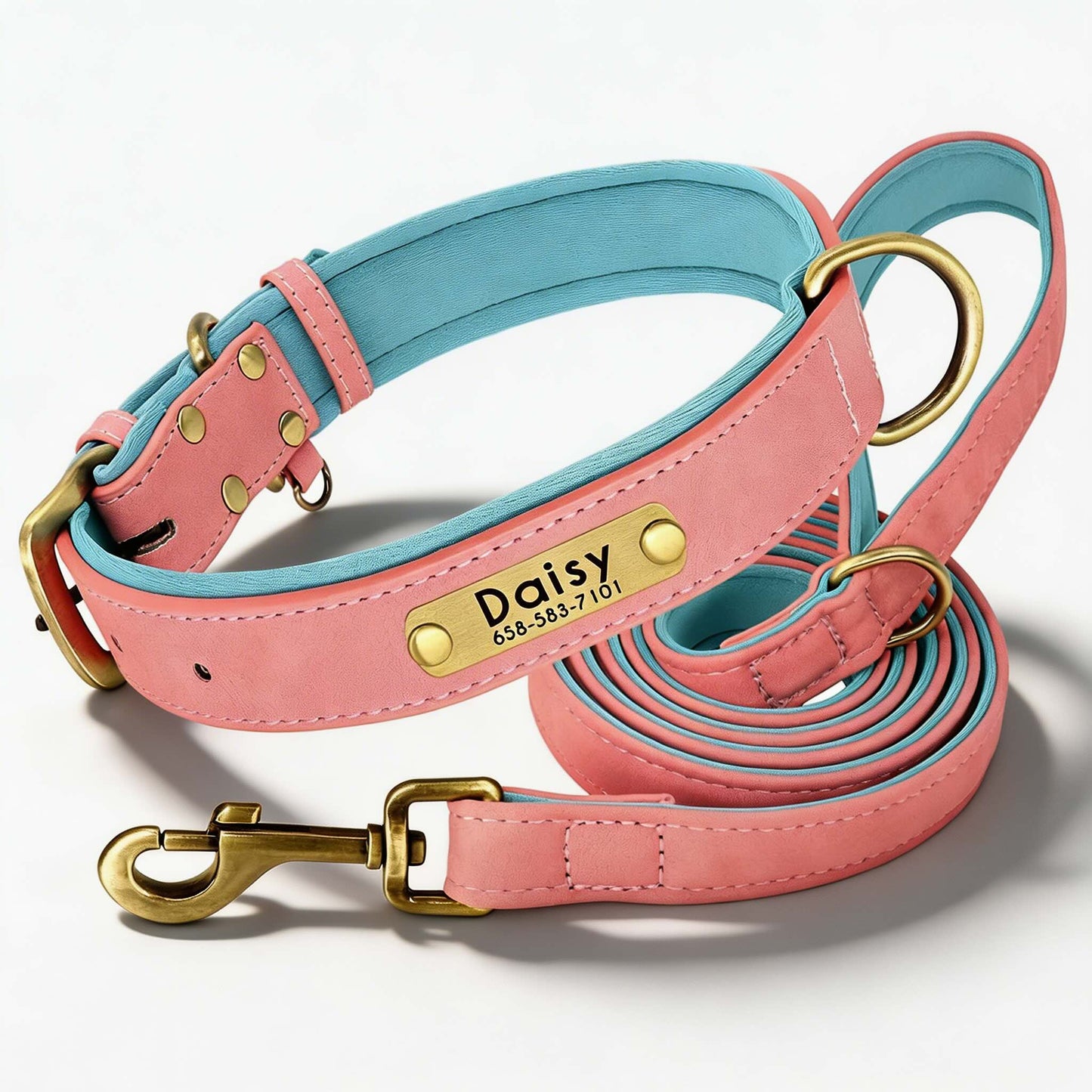 Soft Padded Personalised Leather Dog Collar with Lead Set for Small to Large Dogs