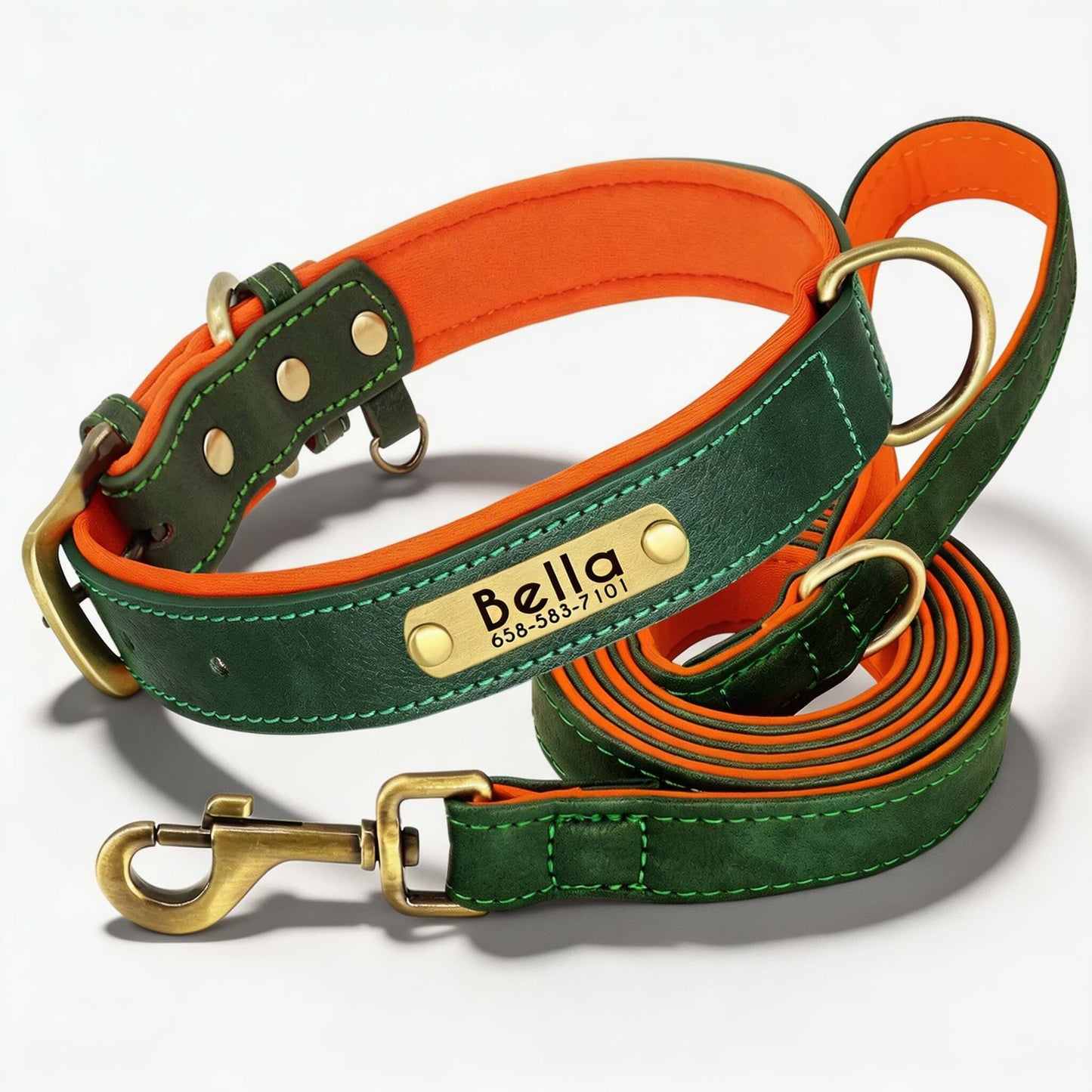 Soft Padded Personalised Leather Dog Collar with Lead Set for Small to Large Dogs