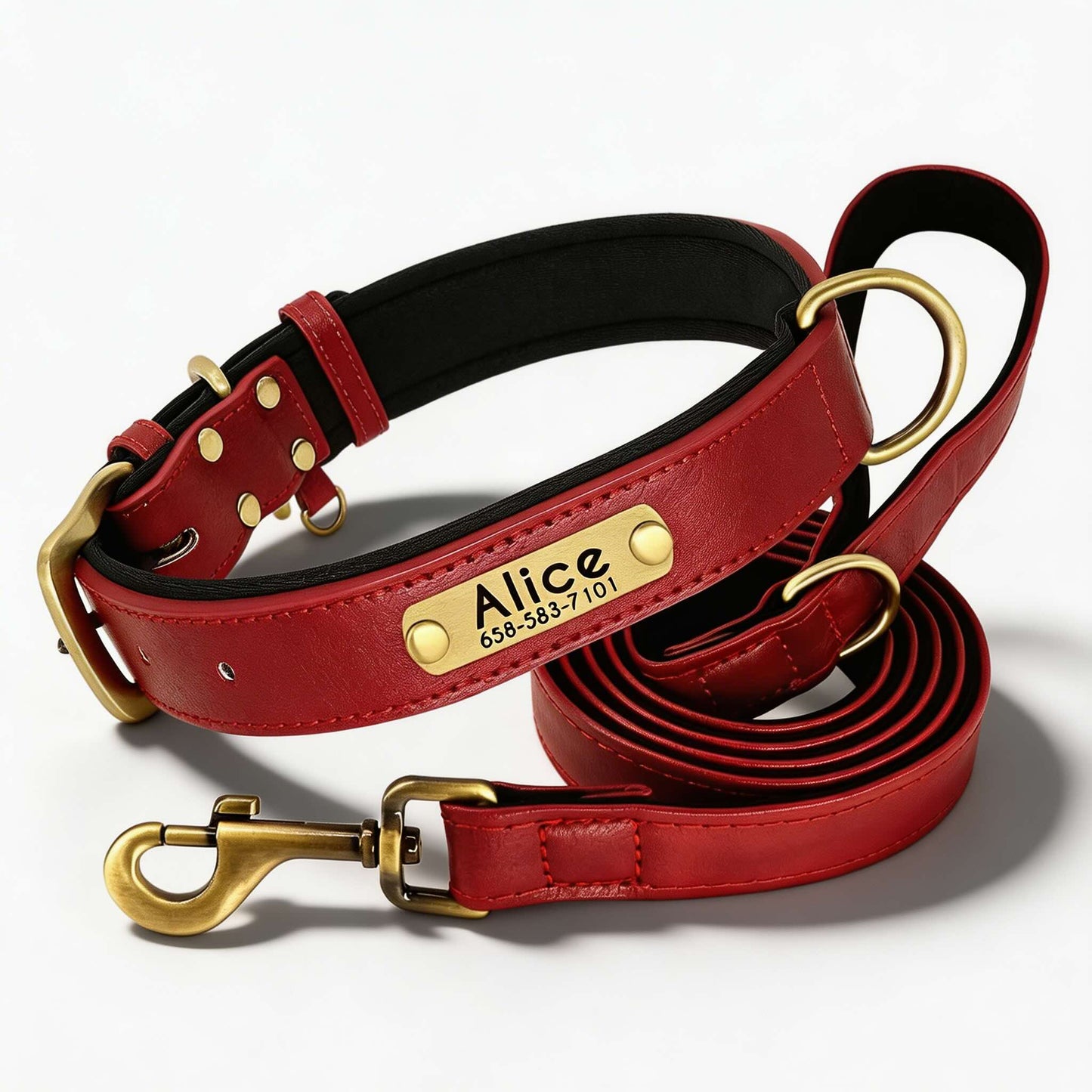 Soft Padded Personalised Leather Dog Collar with Lead Set for Small to Large Dogs