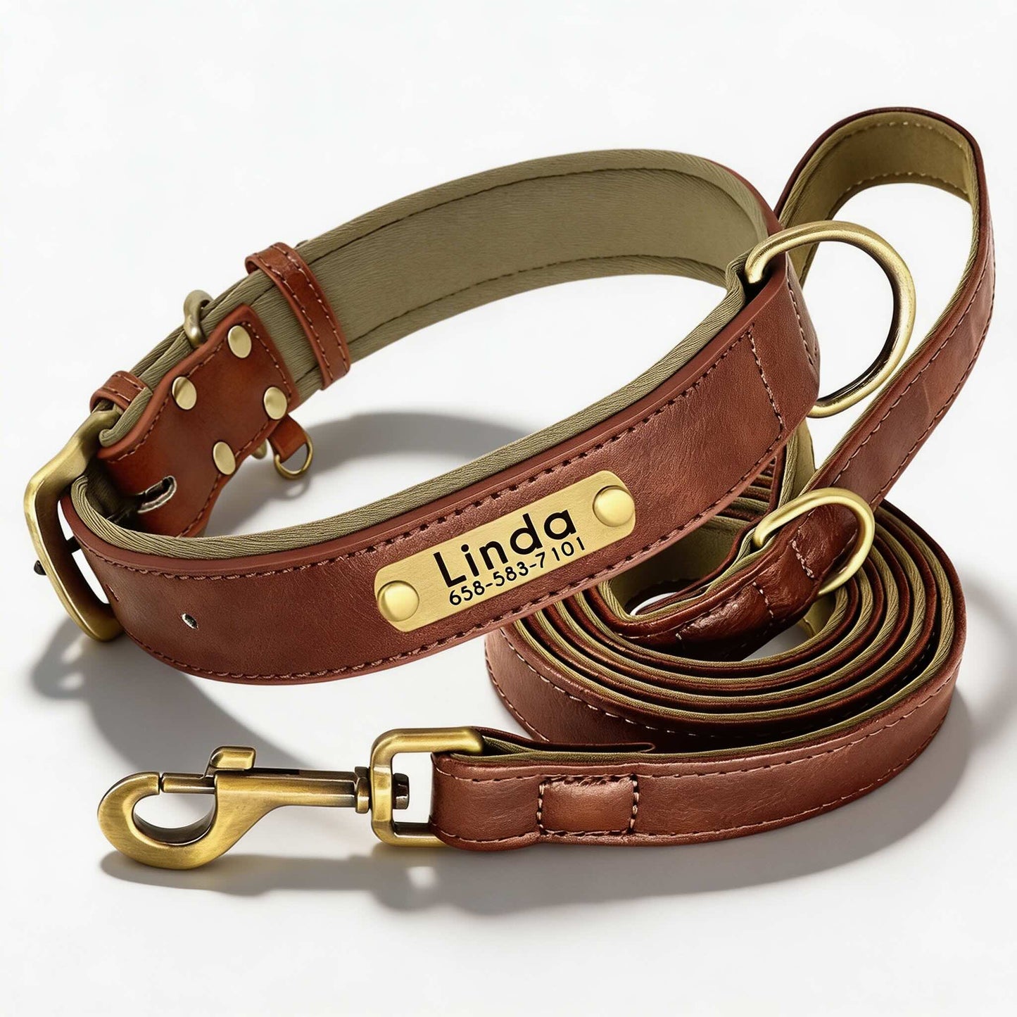 Soft Padded Personalised Leather Dog Collar with Lead Set for Small to Large Dogs