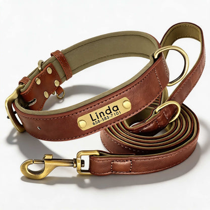 Soft Padded Personalised Leather Dog Collar with Lead Set for Small to Large Dogs