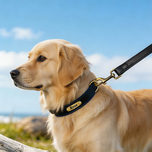 Soft Padded Personalised Leather Dog Collar with Lead Set for Small to Large Dogs