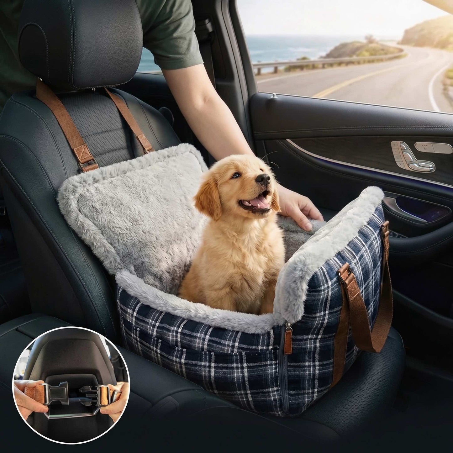 Dog Booster Car Seat Bed with Non-Slip Base for Small to Medium Dogs, Portable Plush Pet Car Seat