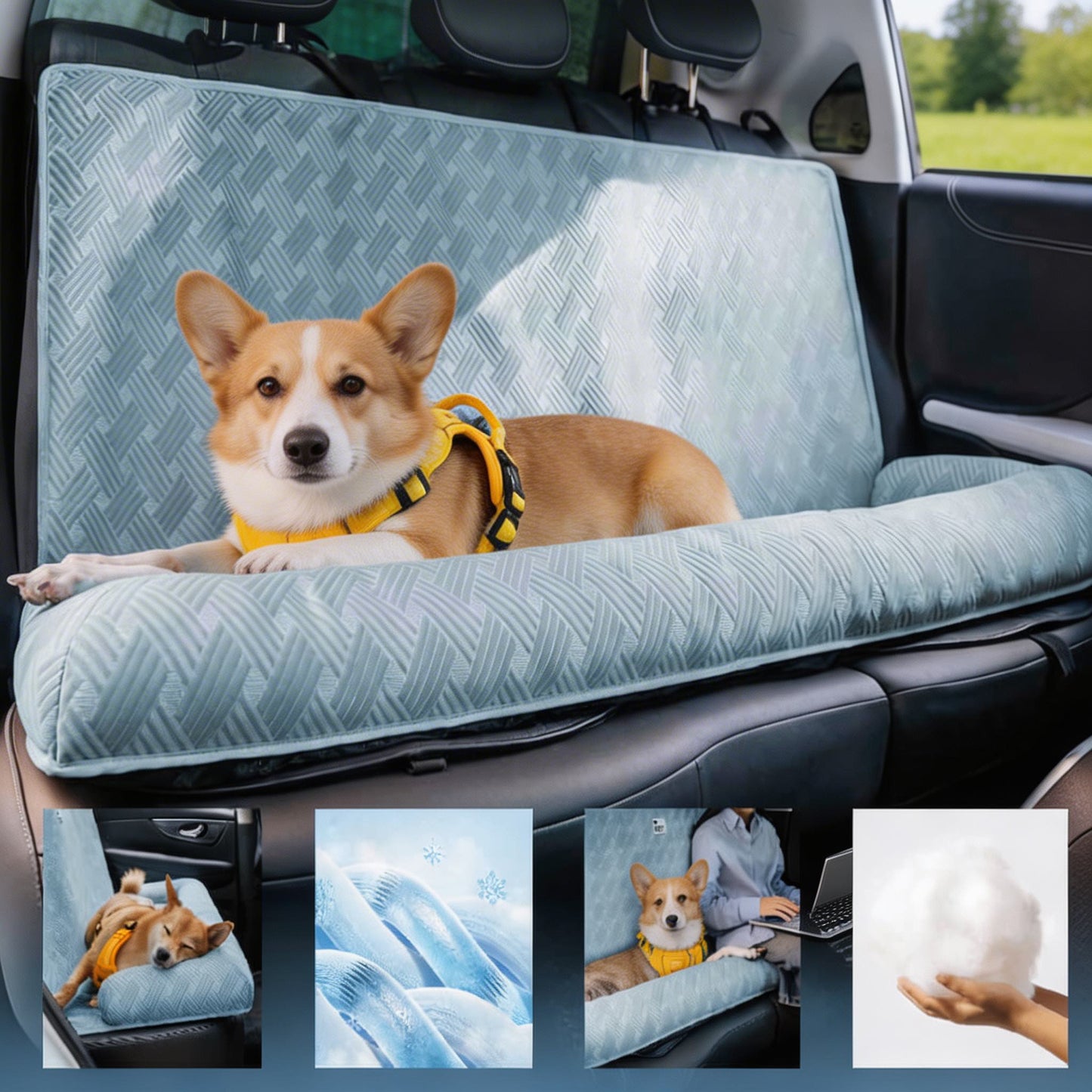 Cooling Dog Car Seat Bed Large Bolster with Adjustable Safety Strap for Travel