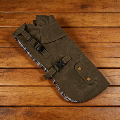 Waterproof Dog Coat Olive Oilskin Jacket with Cozy Lining and Harness