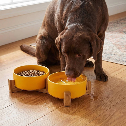 Elevated Ceramic Dog Bowl with Wood Stand for Food and Water - 300ML & 400ML