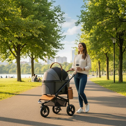 Dog Stroller Pram for Small to Medium Pets with Large Wheels and Safety Restraints