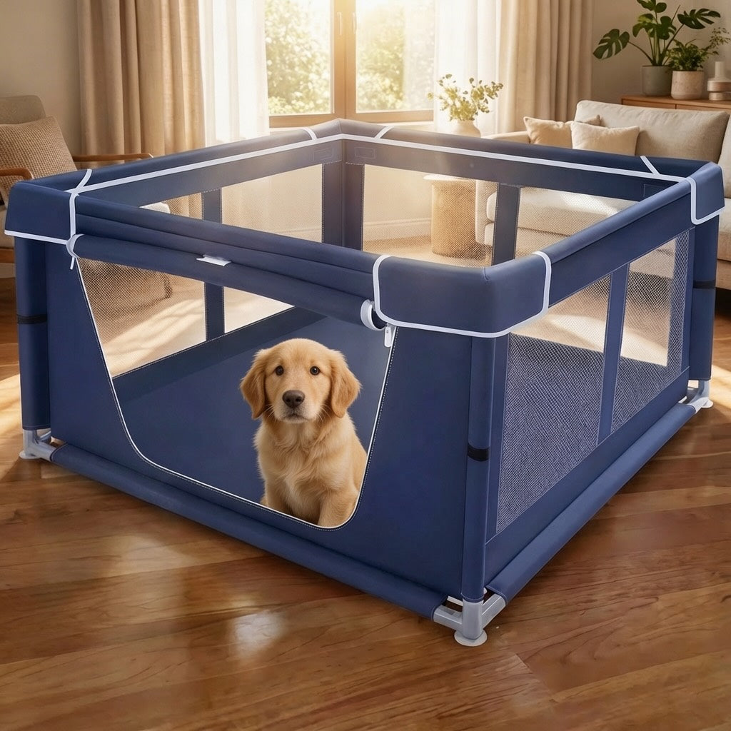 Puppy Playpen 106cm x 106cm Portable High-Strength Mesh and Fabric Enclosure for Small Dogs