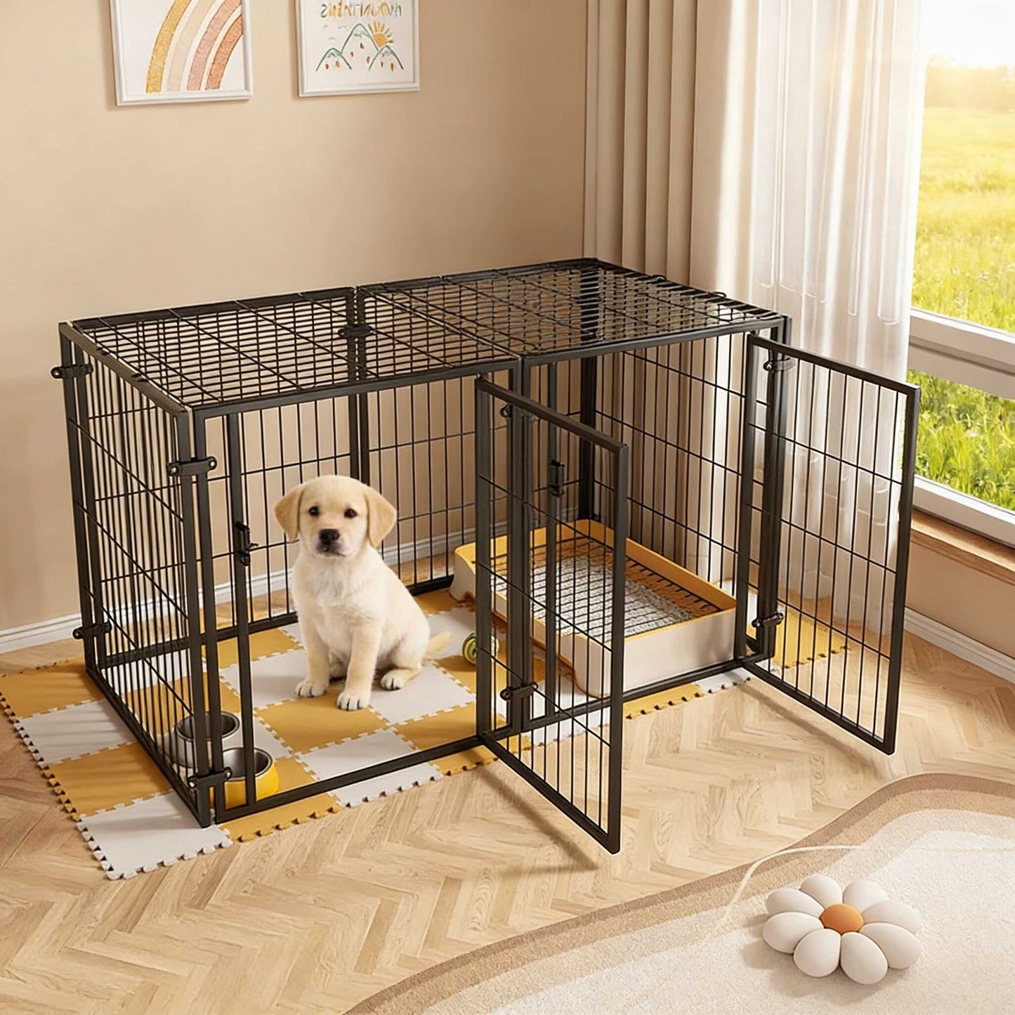 Expandable Modern Dog Fence with Cover Wire Construction for Pet Safety and Toilet Area