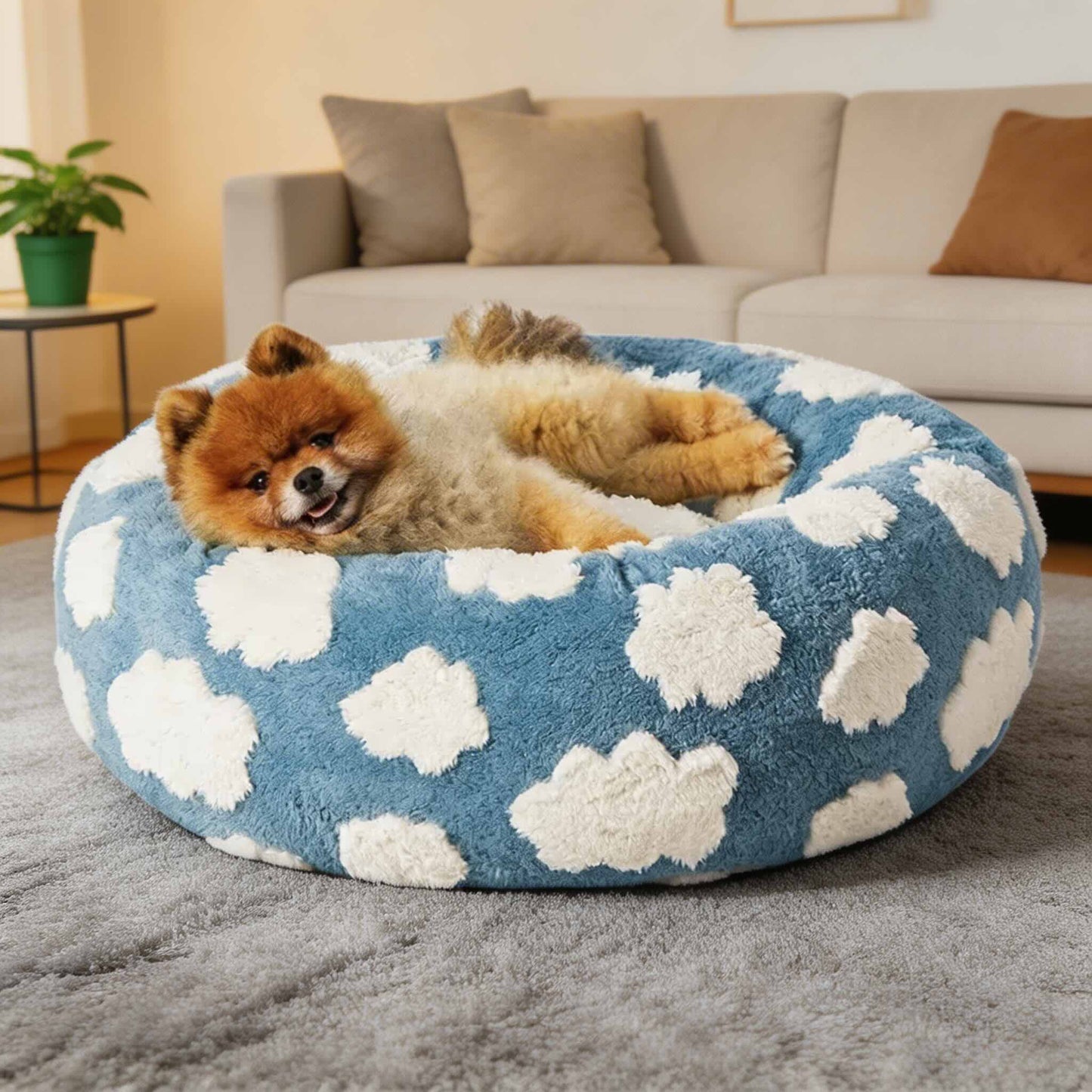 Round Dog Bed Plush Soft Faux Fur Pet House for Small Dogs