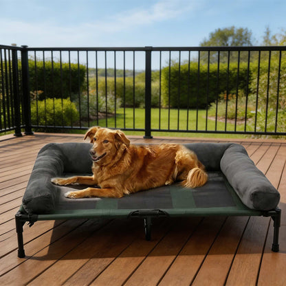 Large Elevated Dog Bed with Cooling Mesh & Plush Mat for Indoor/Outdoor Use