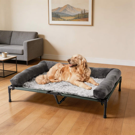 Large Elevated Dog Bed with Cooling Mesh & Plush Mat for Indoor/Outdoor Use
