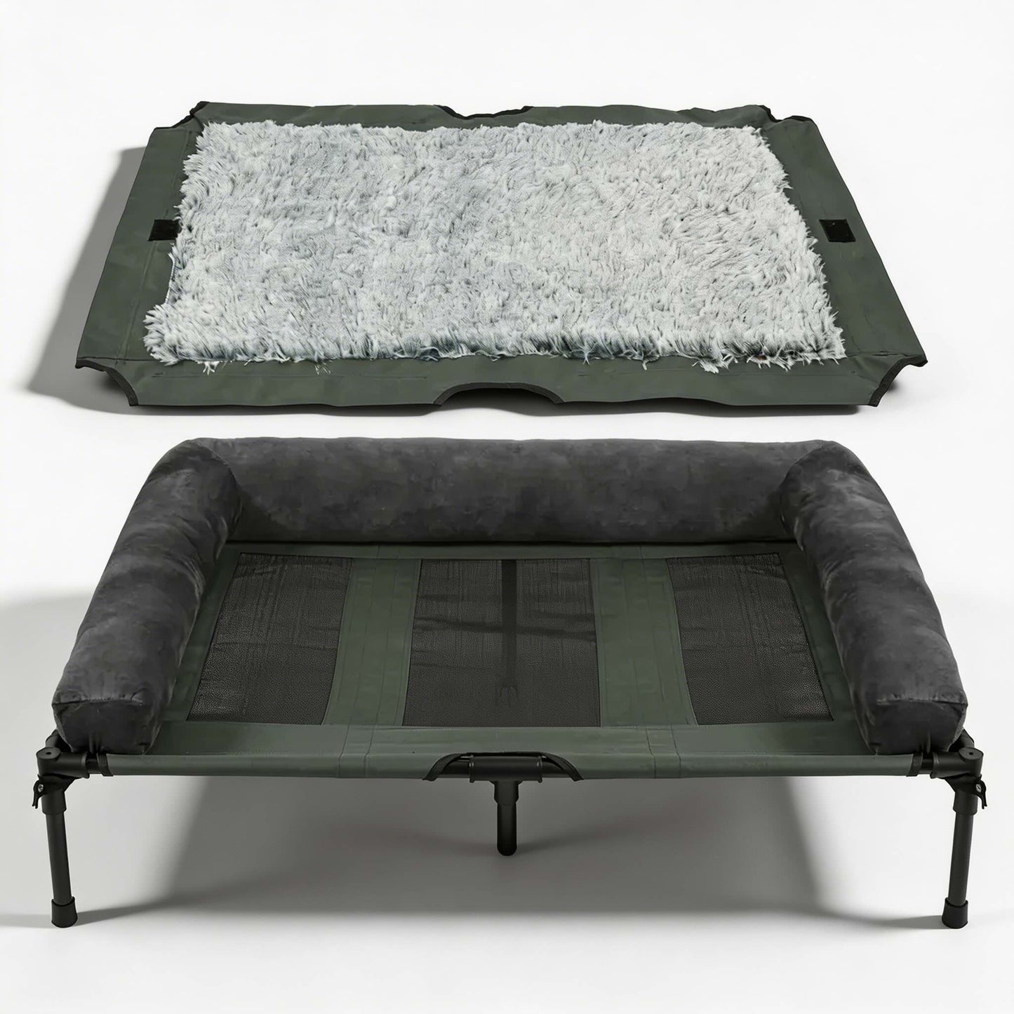 Large Elevated Dog Bed with Cooling Mesh & Plush Mat for Indoor/Outdoor Use