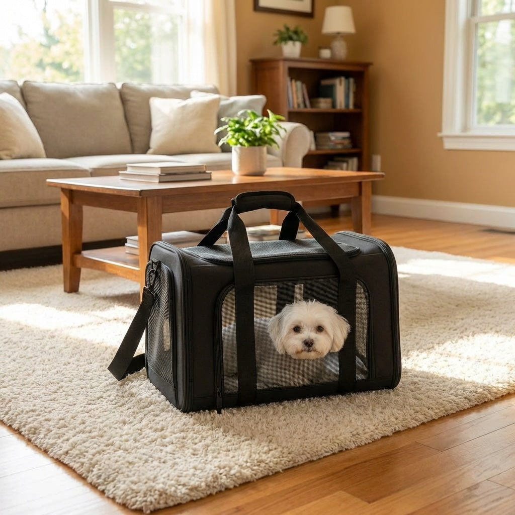 Deluxe Dog and Cat Carrier Bag with Cozy Wool Mat, Multiple Entrances